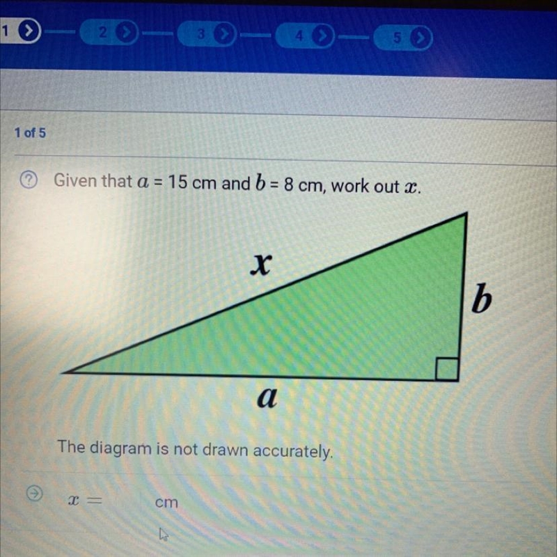 Given that a=15cm and b= 8cm work out x-example-1