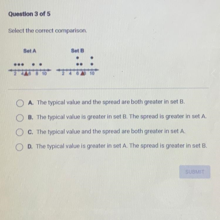 Select the correct comparison. A. The typical value and the spread are both greater-example-1