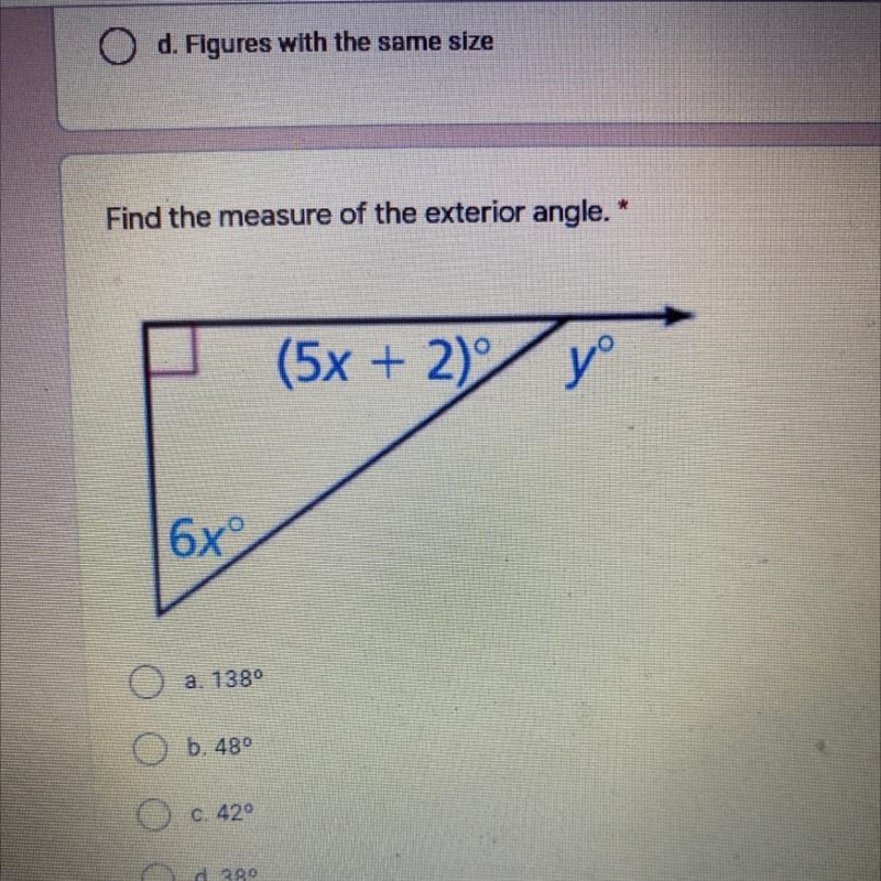 Find the measure of the exterior angle. that last answer is 38°-example-1