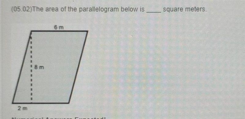 middle school math (05.02)The area of the parallelogram below is square meters. 6 m-example-1