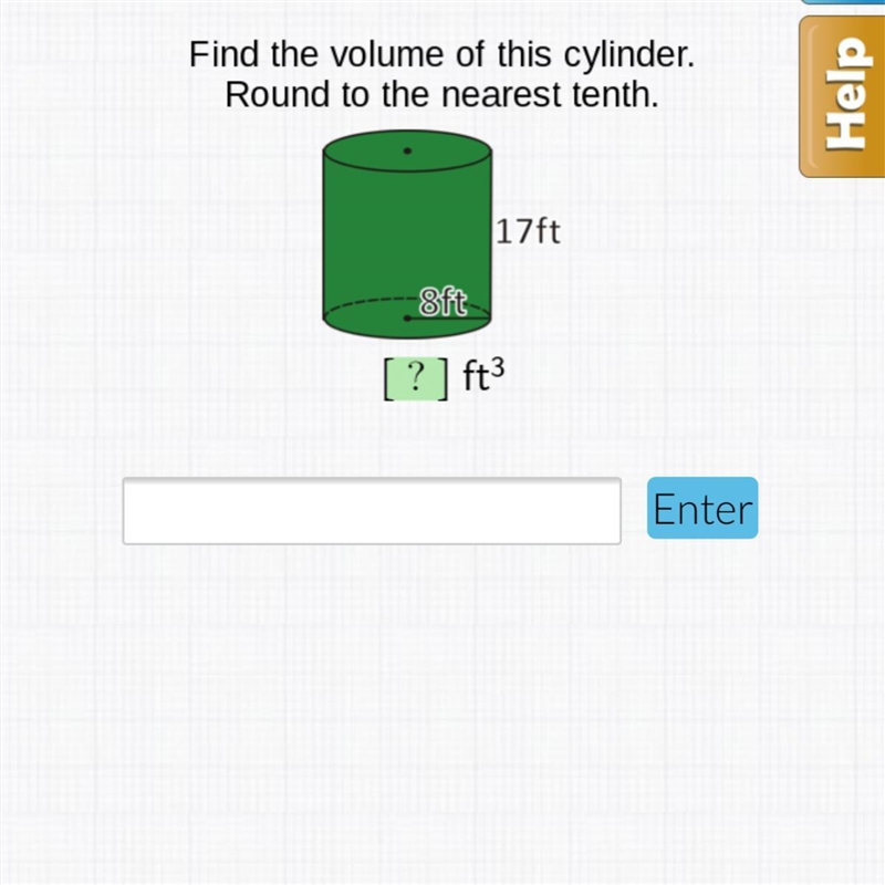 Find the volume of this cylinder. geometry help-example-1