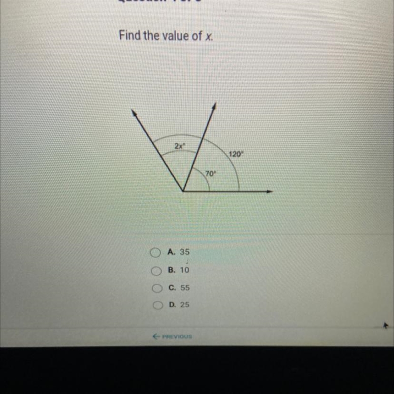 Find the value of x. A. 35 B. 10 C. 55 D. 25-example-1