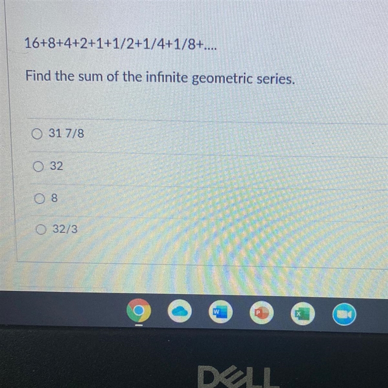 16+8+4+2+1+1/2+1/4+1/8+.... Find the sum of the infinite geometric series.-example-1