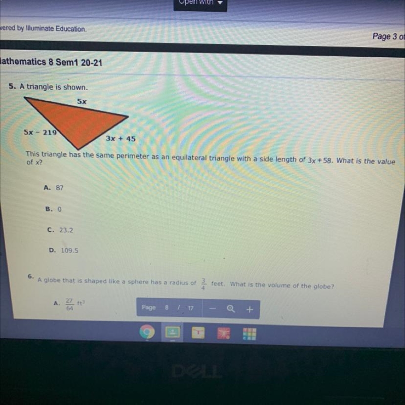 5. A triangle is shown. 5x 5x - 219 3x + 45 This triangle has the same perimeter as-example-1