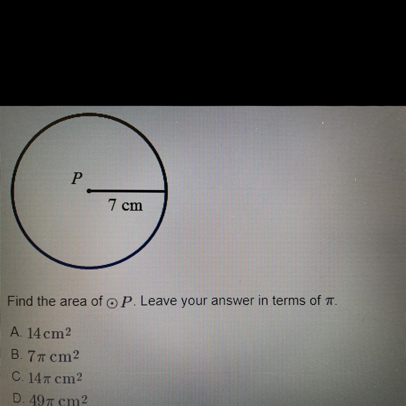 Find the area of OP. Leave your answer in terms of . A. 14 cm2 B. 77 cm2 C. 147 cm-example-1