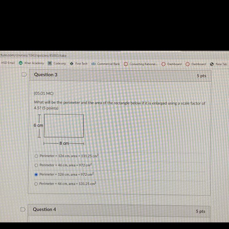 Question 3 5 pts (05.01 MC) What will be the perimeter and the area of the rectangle-example-1