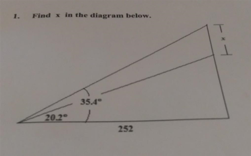 Find x in the diagram below. T 1 35.4° 20.2° 252​-example-1