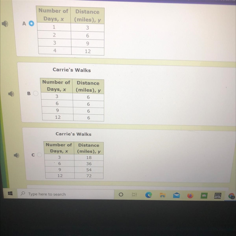 Carrie walked 6 miles per day. Which table represents y, the number of miles Carrie-example-1