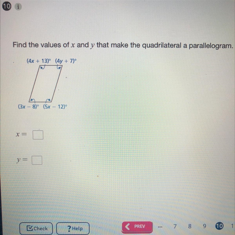 Find the value of x and y that makes the quadrilateral a parallelogram-example-1