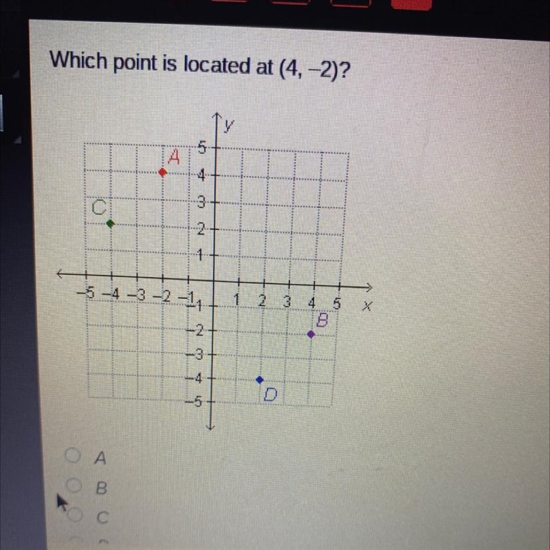 Which point is located at (1, 2)? 5 A 4 3 2 1 -5-4-3-2 4 9 -2 3 -4 45 D ОВ-example-1