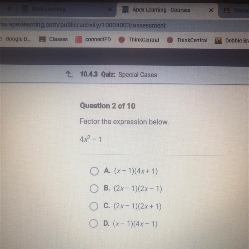 Factor the expression below. 4x2 - 1-example-1