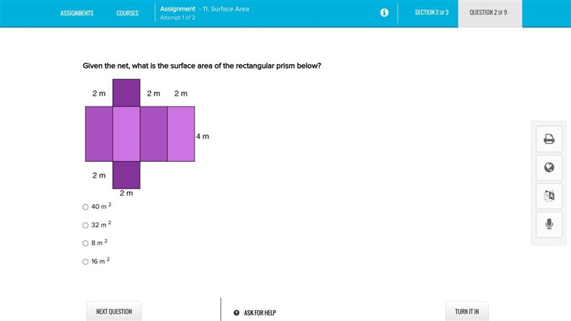 Given the net, what is the surface area of the rectangular prism below? 40 m 2 32 m-example-1