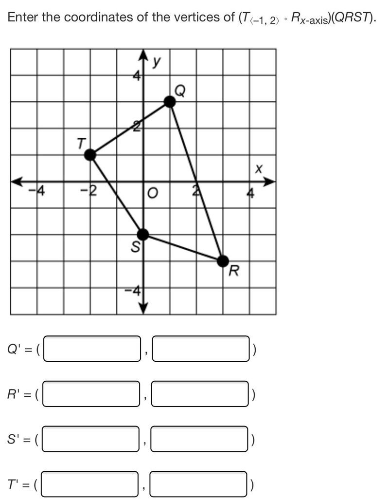 Please help, enter the coordinates of the verticales of T(-1,2) R(x-axis)(QRST) read-example-1