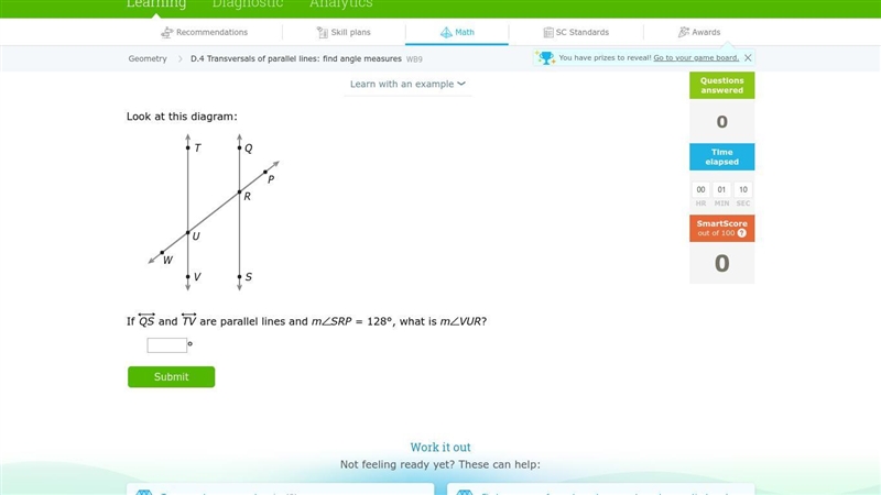 Look at this diagram If QS and TV are parallel lines and mSRP = 128°, what is mVUR-example-1