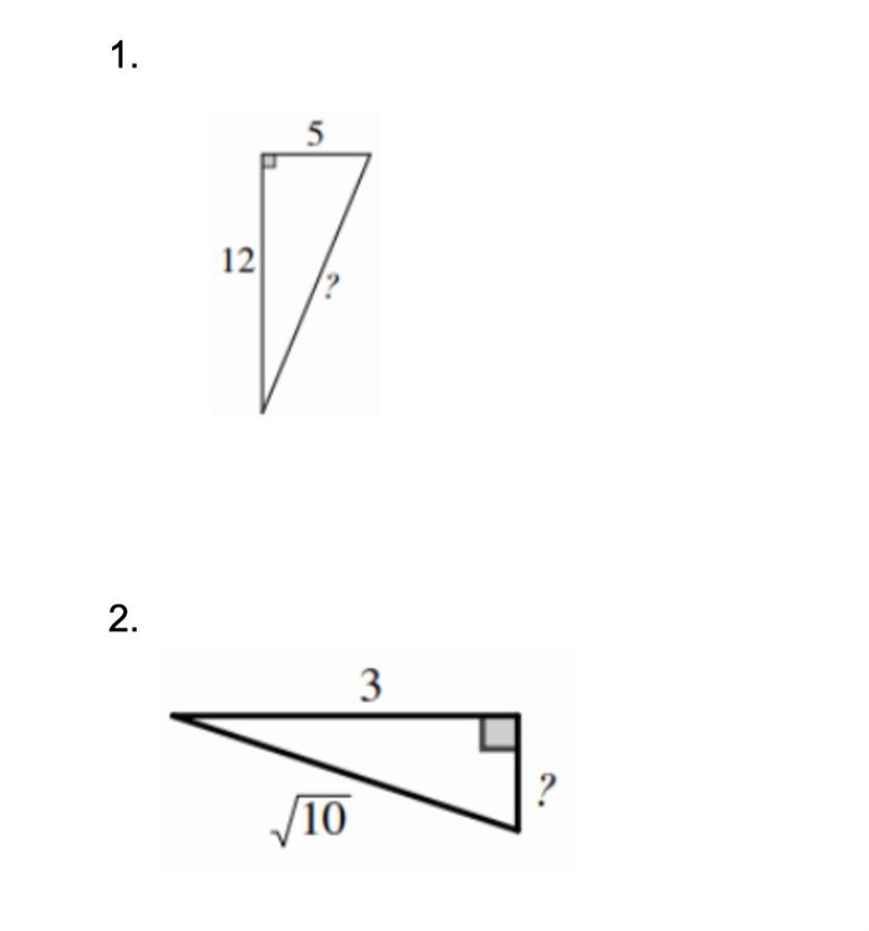 Find the missing side of each right triangle (Pythagorean’s Theorem)-example-1