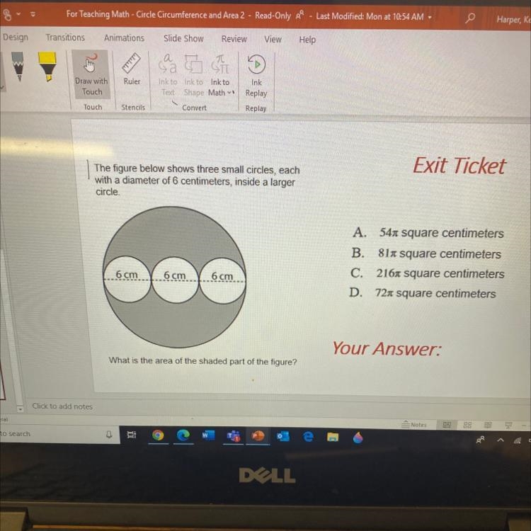 The figure below shows three small circles, each with a diameter of 6 centimeters-example-1