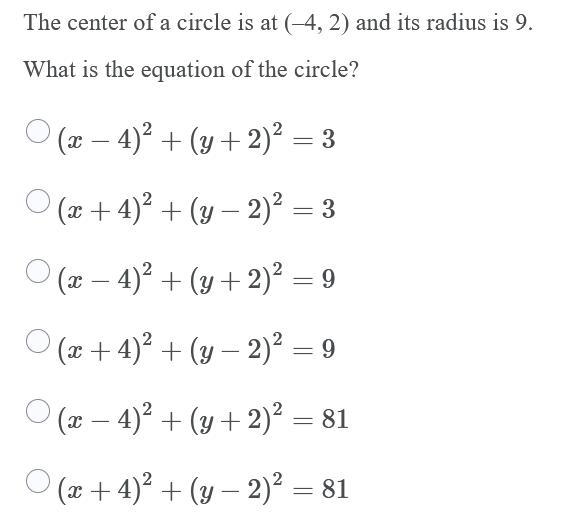 The center of a circle is at (–4, 2) and its radius is 9. What is the equation of-example-1