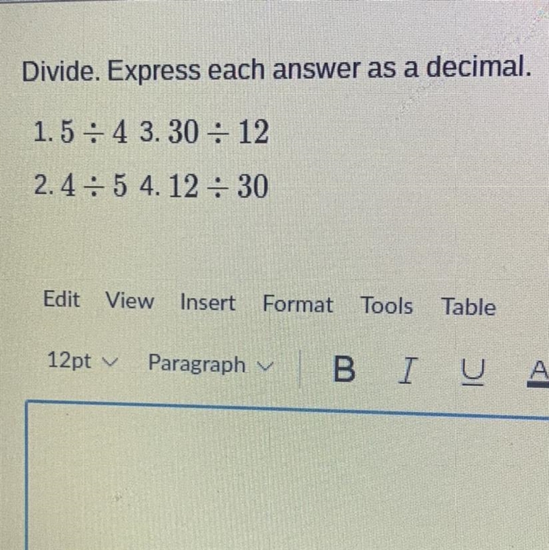 Divide. Express each answer as a decimal. 1.5 divided by 4 3. 30 divided by 12 2.4 divided-example-1