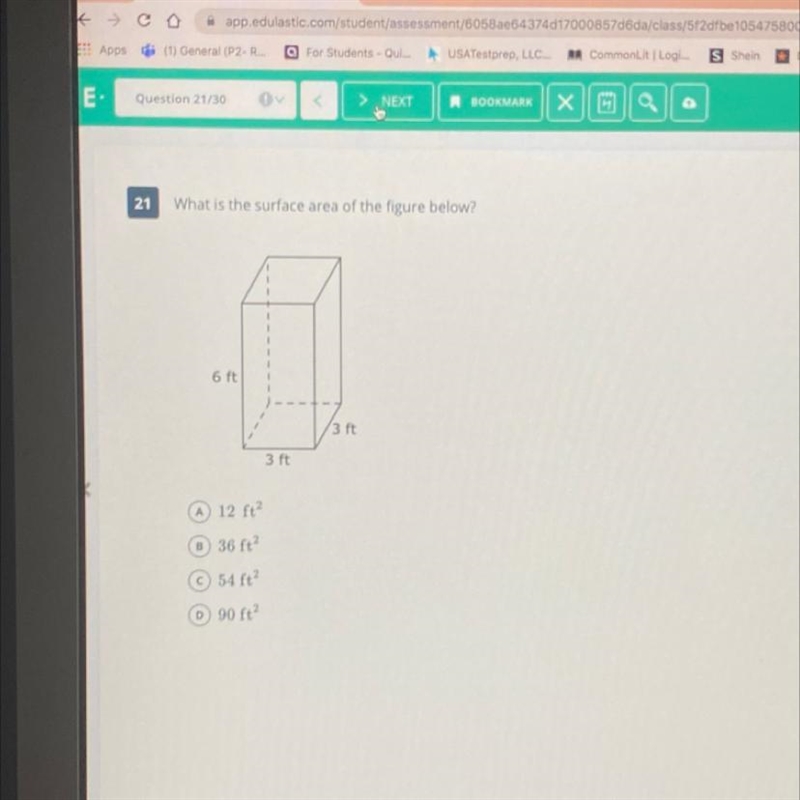 21 What is the surface area of the figure below? 6 ft 3 ft 3 ft A 12 ft 36 ft? 54 ft-example-1