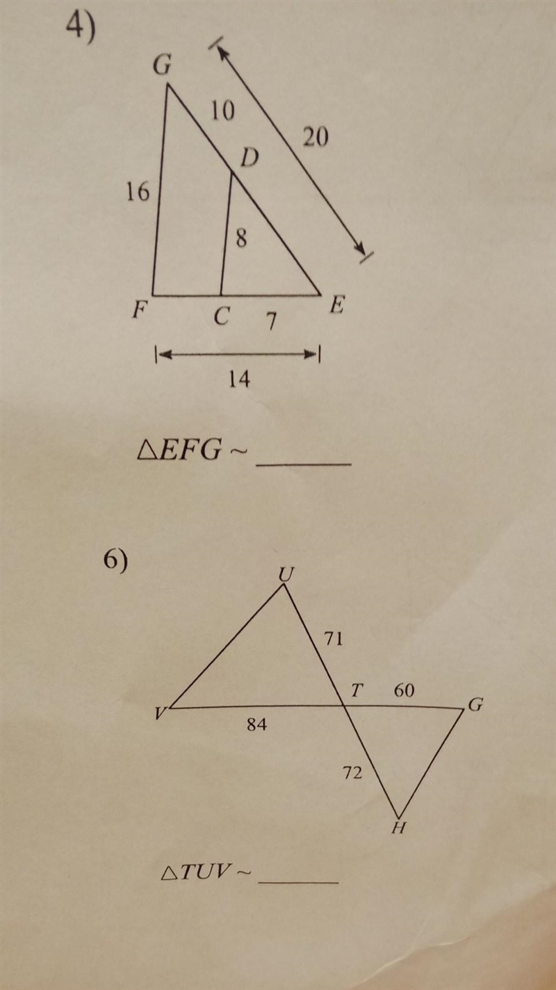 part 1. Use side ratios to determine if the triangles in each pair of similar. If-example-1