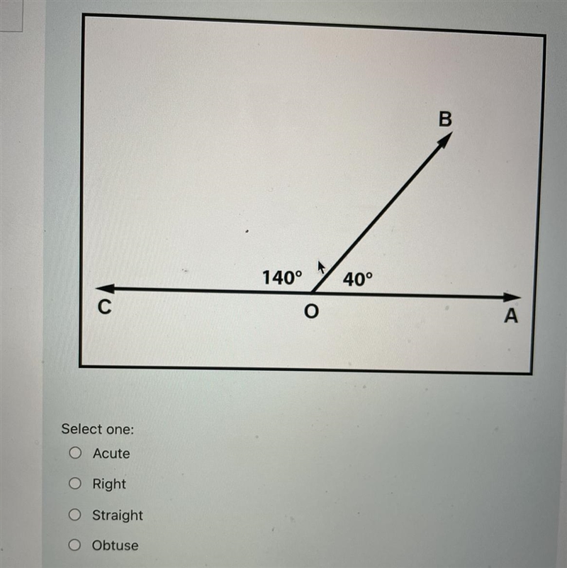 Classify the type of angle. A: Acute B: Right C: Straight D: Obtuse-example-1