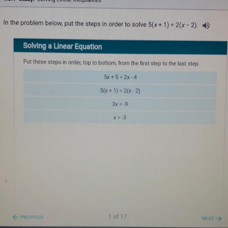 In the problem below, put the steps in order to solve 5(x+1)=2(x-2).-example-1