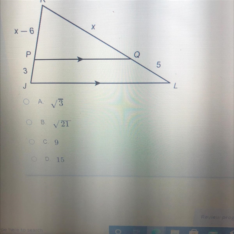 What is the value of x? K х X-6 Q P 5 ال) L J-example-1