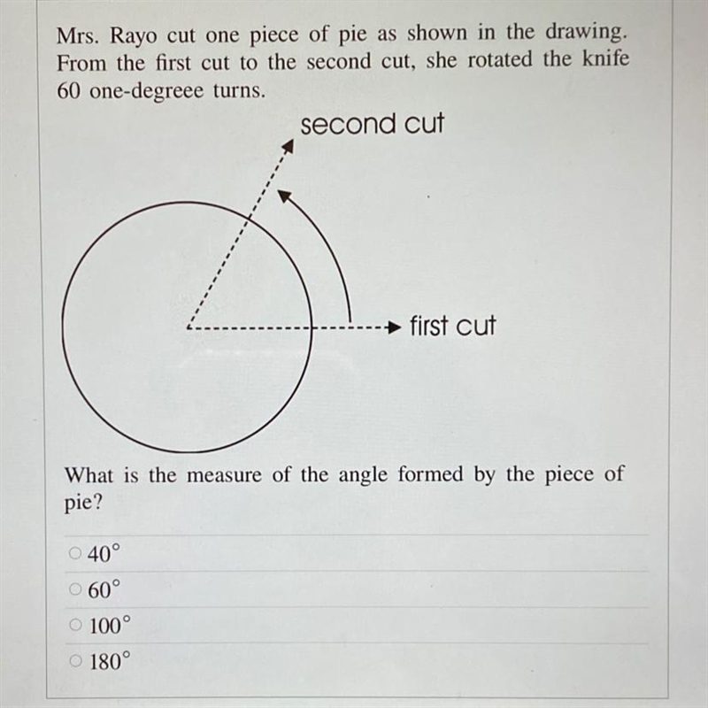 Mrs. Rayo cut one piece of pie as shown in the drawing. From the first cut to the-example-1