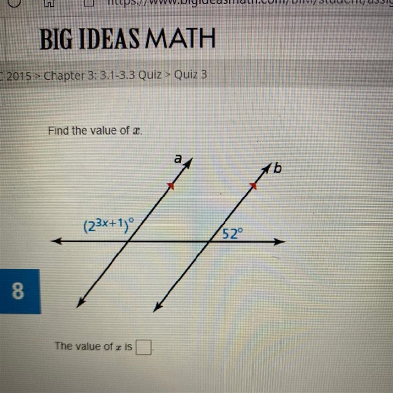 Find the value of x. b (23x+1) 52° 3-example-1