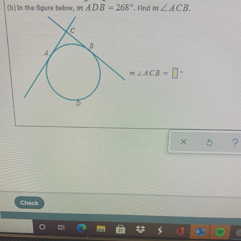 In the figure below, m ADB = 268°. Find m ZACB.-example-1