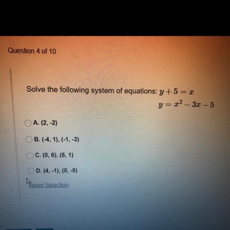 Solve the following system of equations: y + 5 = x y= x2 – 3x – 5-example-1