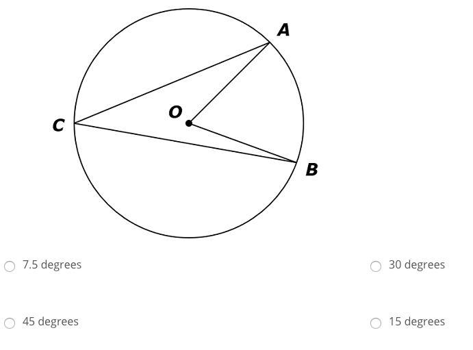 If the measure of angle ACB is 15 degrees, what is the measure of arc AB?-example-1