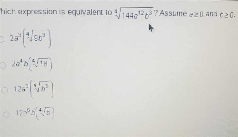 Please help me 4 \sqrt{144a {12b {3}^(?) }^(?) } ​-example-1