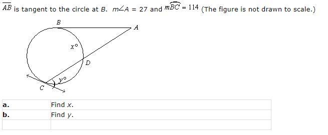 AB is tangent to the circle at B. M∠A = 27 and mBC=114 (The figure is not drawn to-example-1