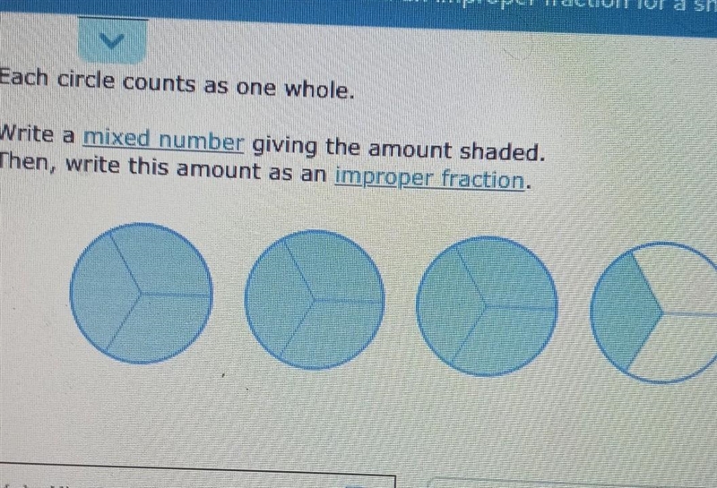 Each circle counts as one whole. Write a mixed number giving the amount shaded. Then-example-1