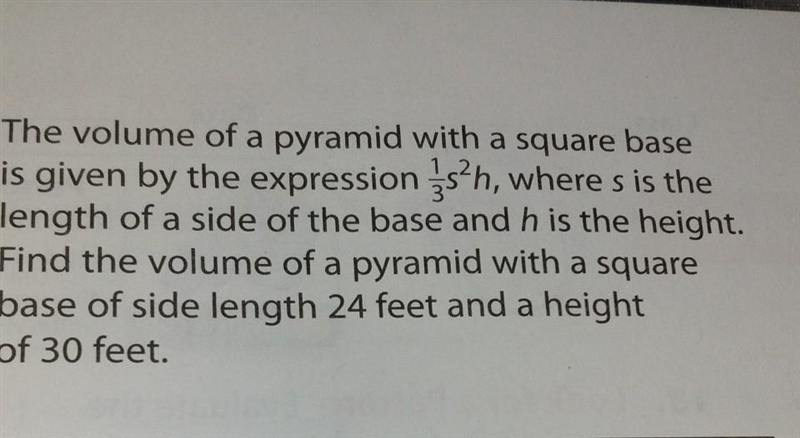 The volume of a pyramid with a square base is given by the expression sh, where s-example-1