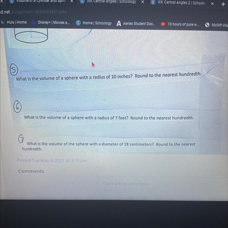 What is the volume of a sphere with a radius of 10 inches? Round to the nearest hundredth-example-1