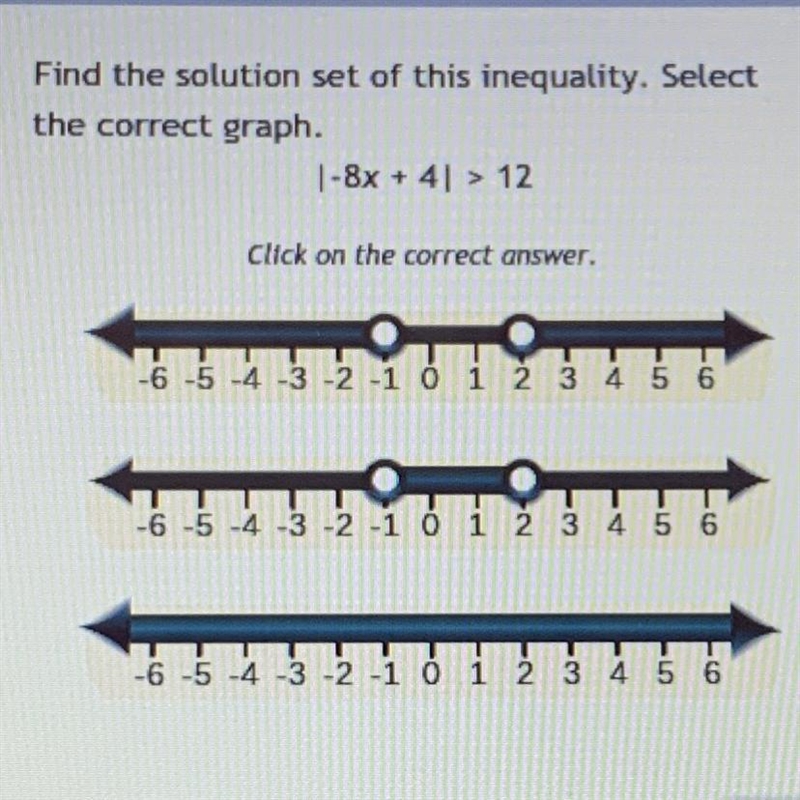 Find the solution set of this inequality. Select the correct graph. |-8x+4|>12-example-1