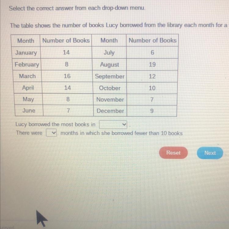 Select the correct answer from each drop-down menu The table shows the number of books-example-1