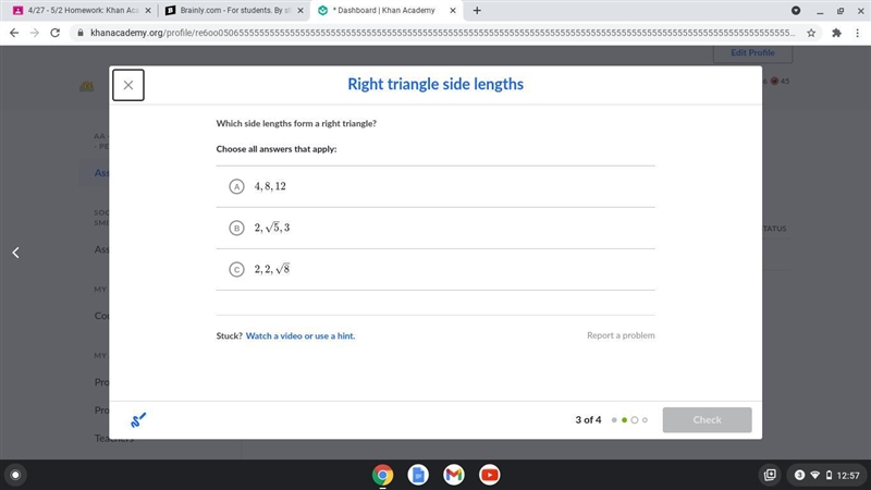 Which side lengths form a right triangle?-example-1