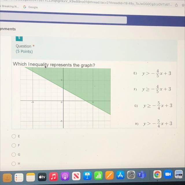 Which inequality represents the graph y>-4 over 5x plus 3-example-1