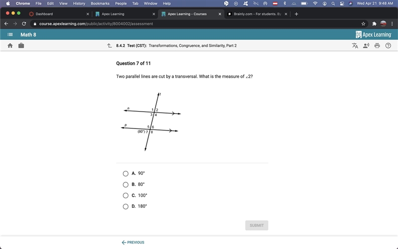 Two parallel lines are cut by a transversal what is the measure of 2-example-1