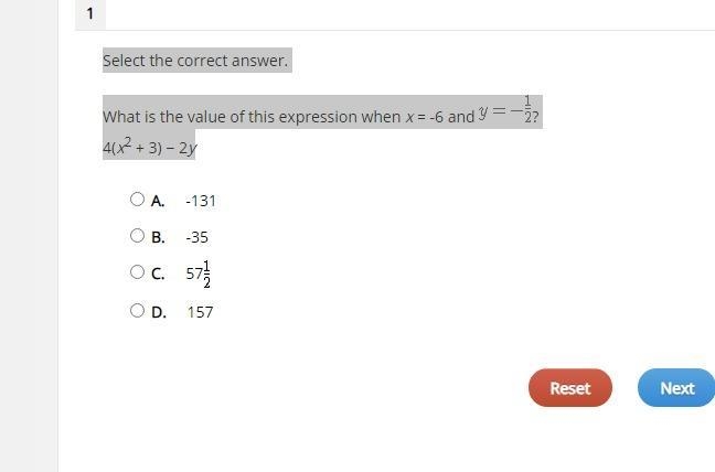 Select the correct answer. What is the value of this expression when x = -6 and ? 4(x-example-1