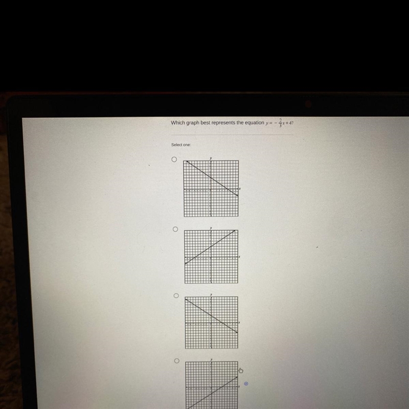 Which graph best represents the equation y= -2/3x+4?-example-1