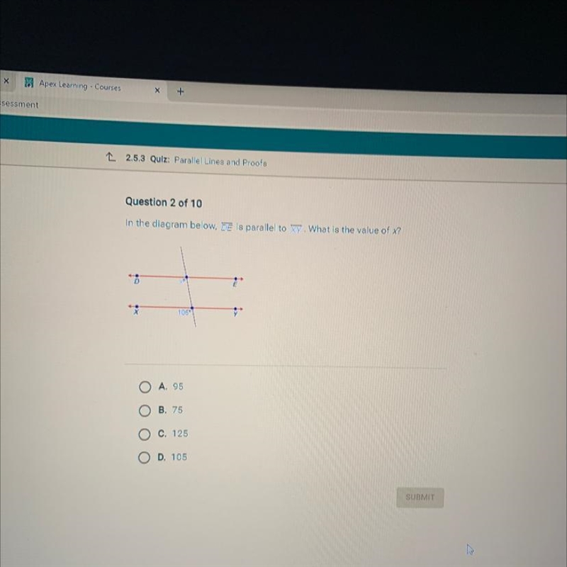 In the diagram below, DE is parallel to wy. What is the value of x? 0. 105 O A. 95 O-example-1