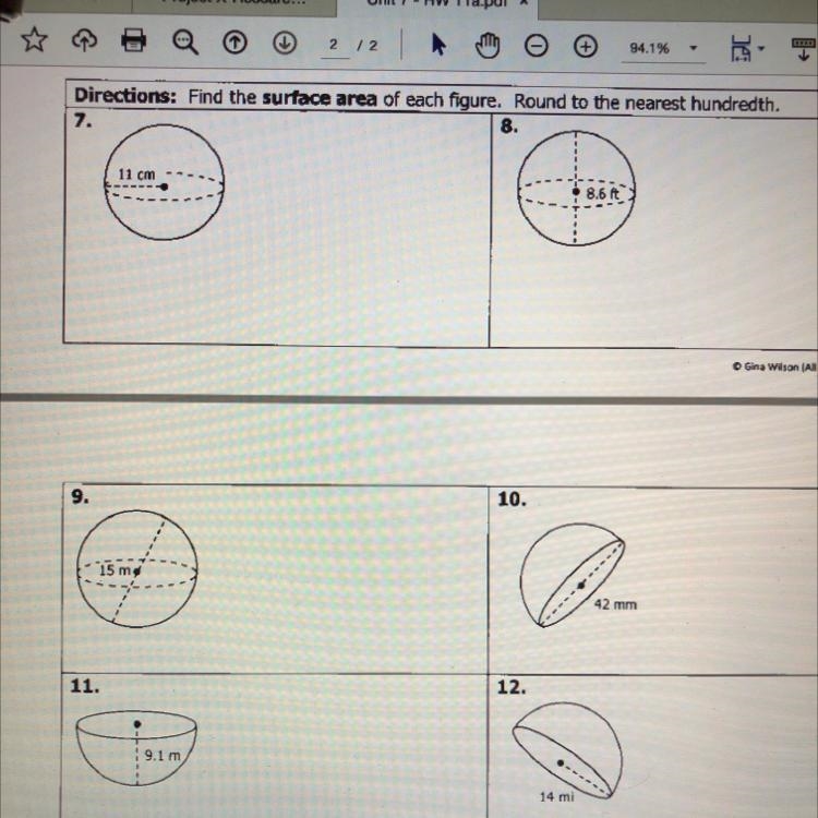 Find the surface area of each figure (spheres and hemispheres)-example-1