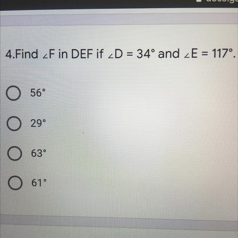 Find ∠F in DEF if ∠D = 34° and ∠E = 117°-example-1