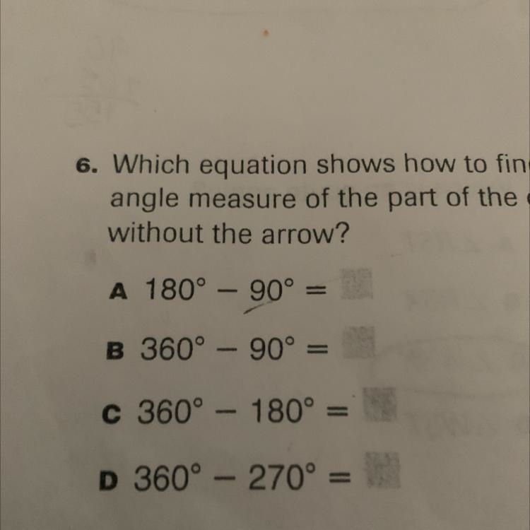 Which equation shows how to find the angle measure of the part of the circle without-example-1