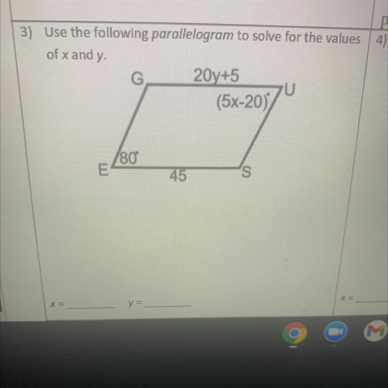 Use the following parallelogram to solve for the values of x and y-example-1