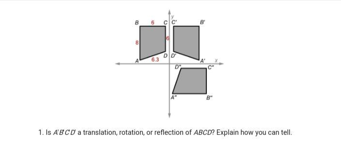 PLEASE HELP Is A'B'C'D' a translation, rotation, or reflection of ABCD? Explain how-example-1